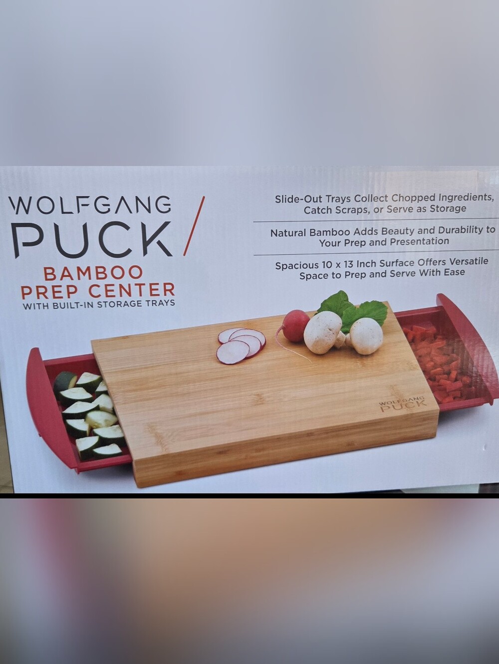 Wolfgang Puck Bamboo Prep Center Cutting Board with Red Slide-Out Trays. NWOT
